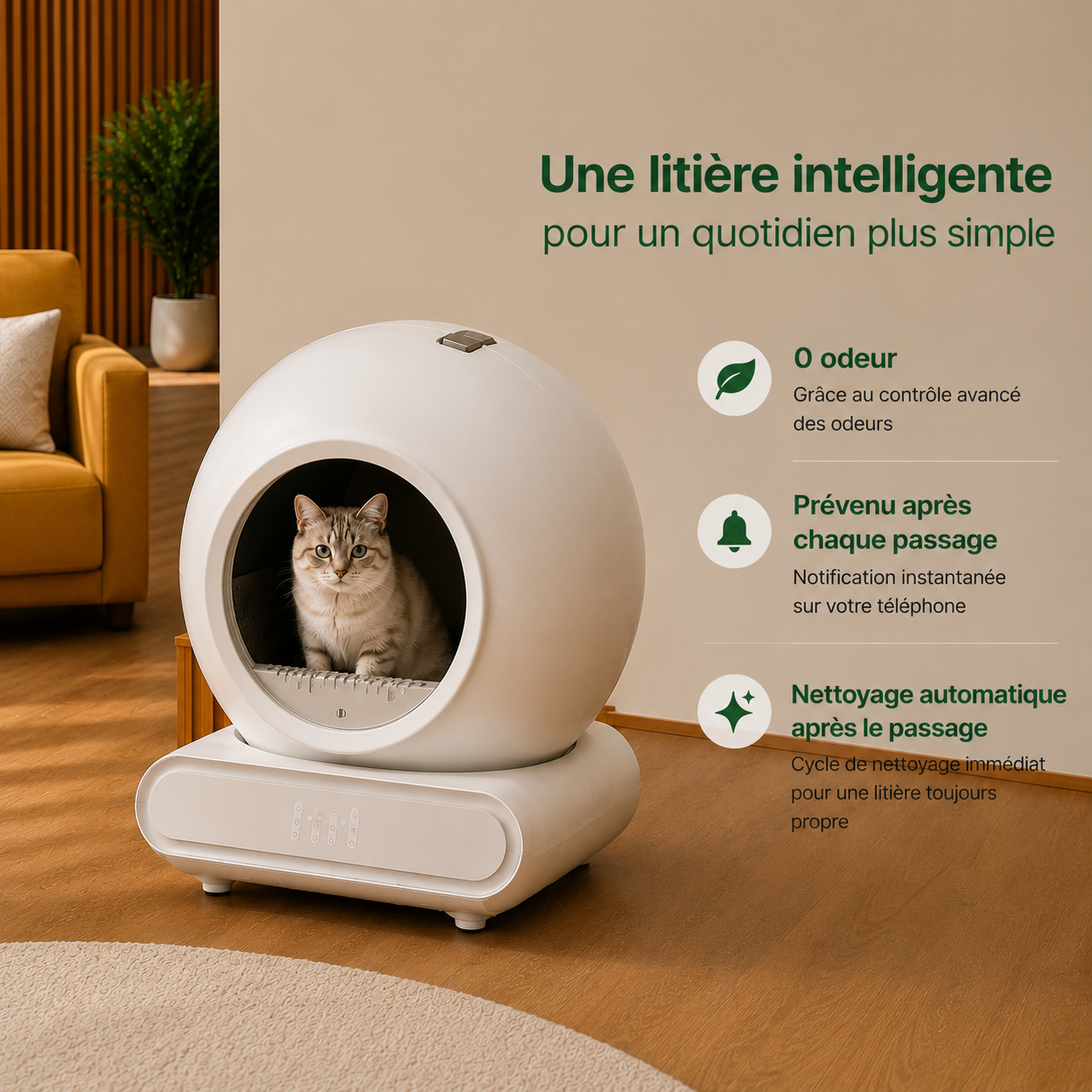 Bac à litière automatique connecté et autonettoyant 65L